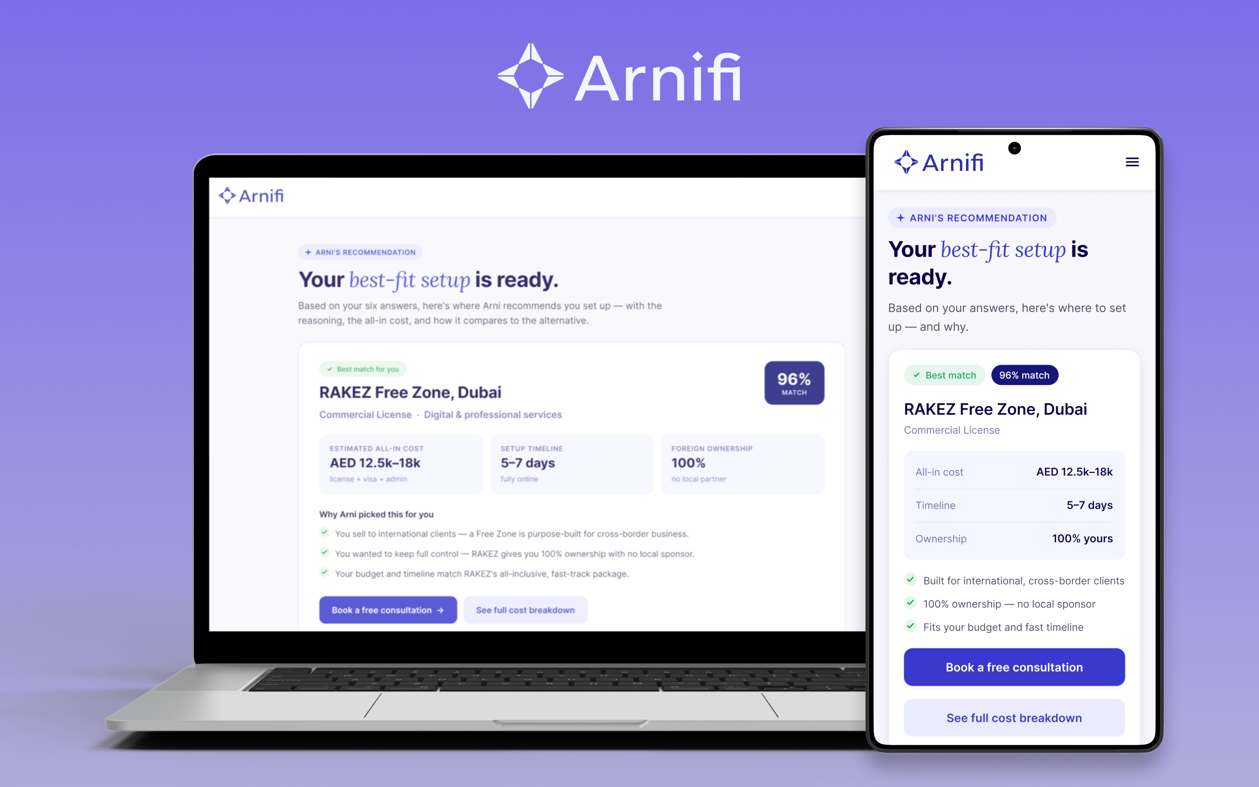 Arnifi — best-fit setup recommendation screen