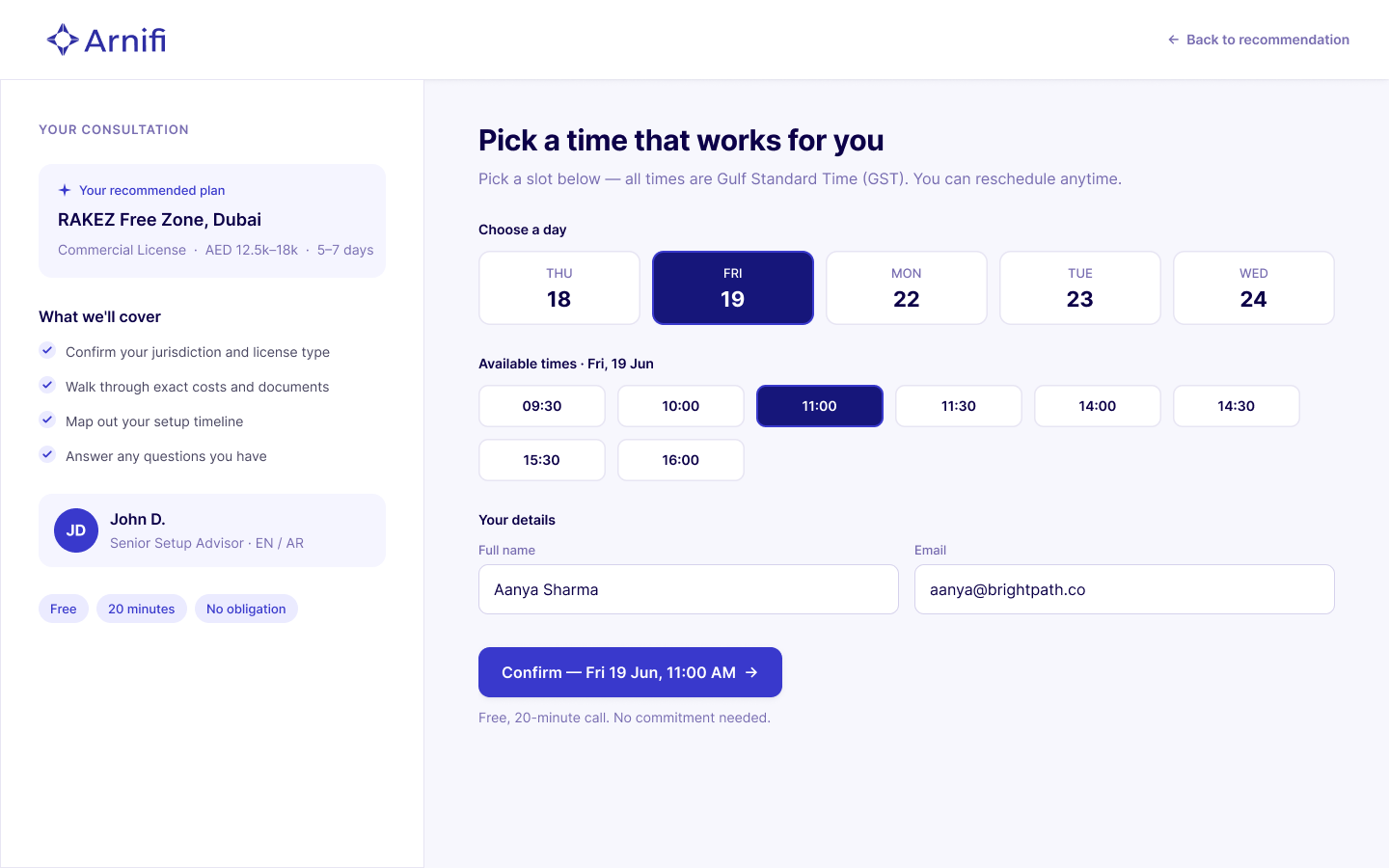 Consultation booking screen — plan recap on the left, date and time selection on the right
