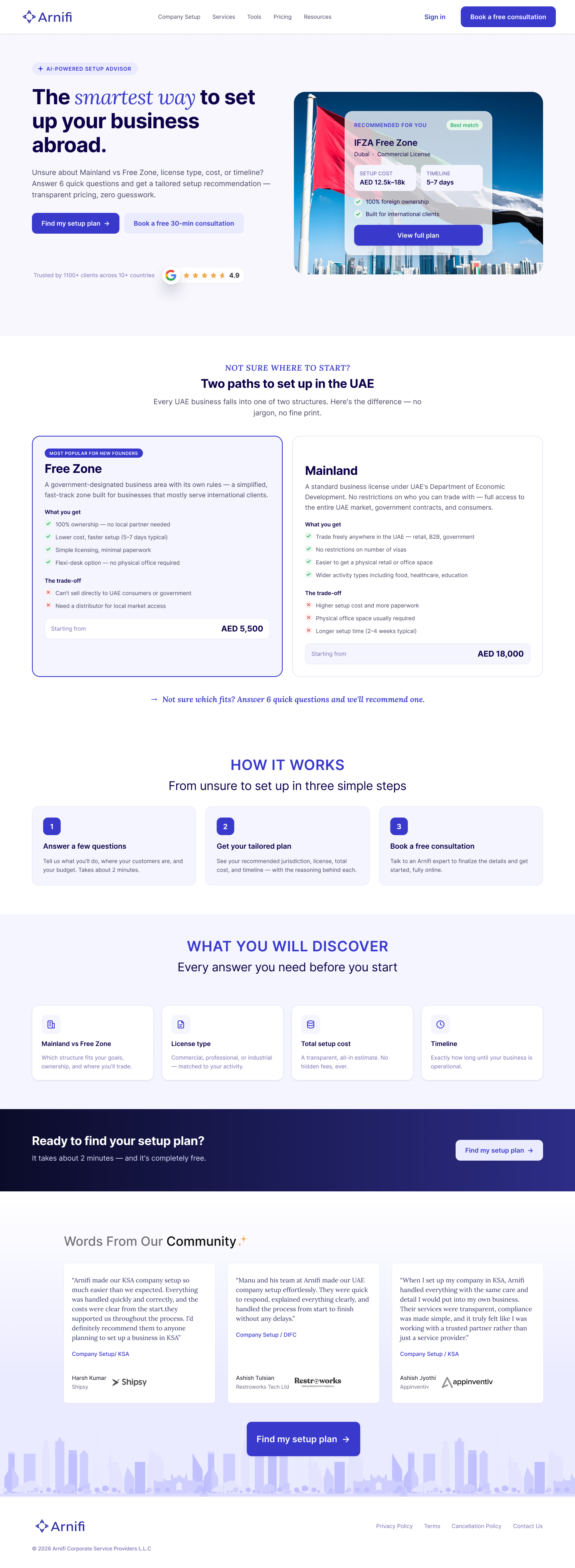 Arnifi landing page with the added Two paths to set up in the UAE comparison section