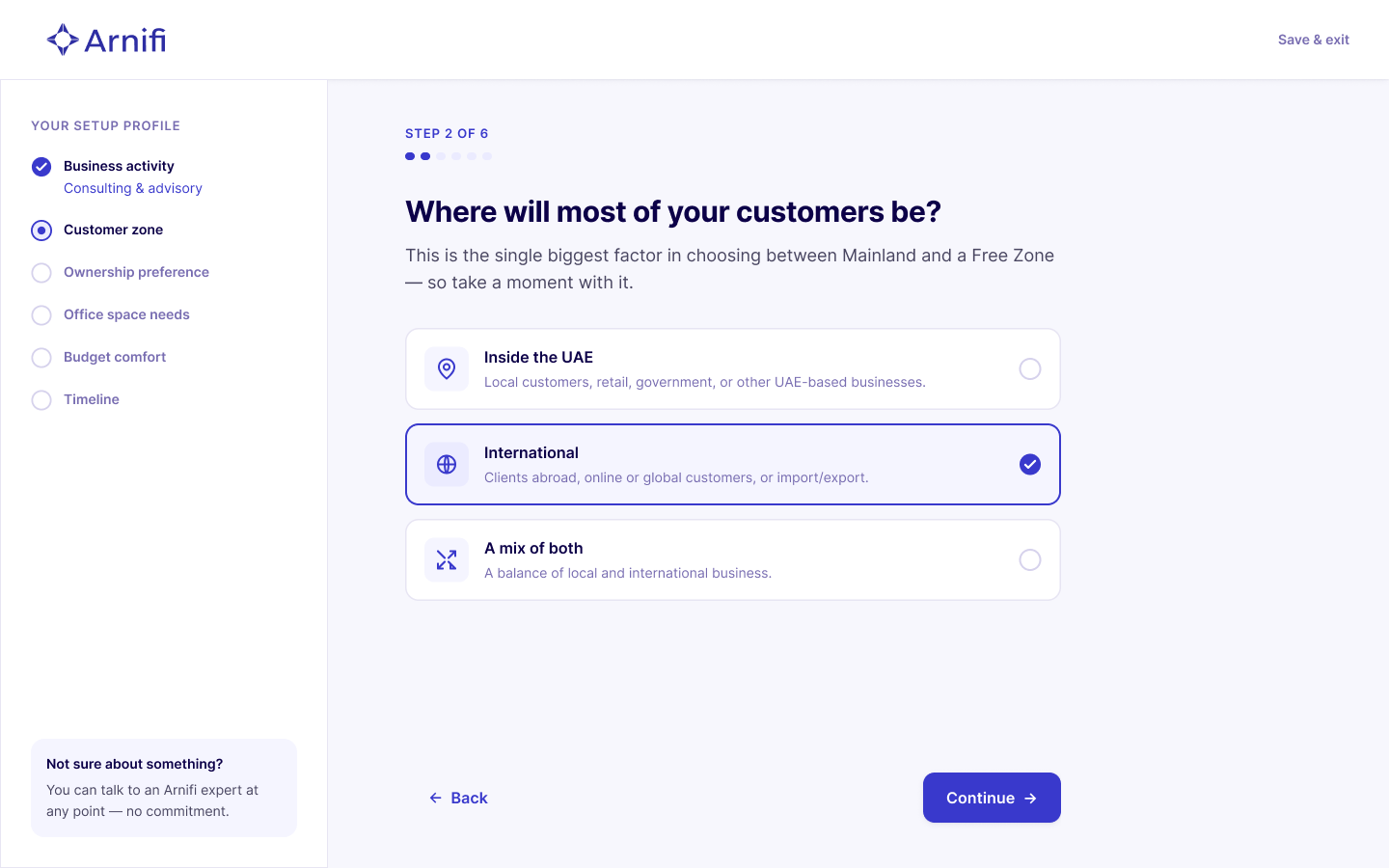 Step 2 — Where your customers are, the Mainland/Free Zone fork
