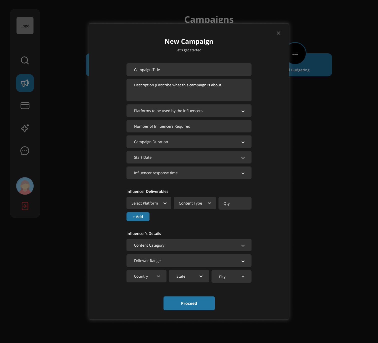 Campaign creation form — title, platform, duration, deliverables, and influencer details