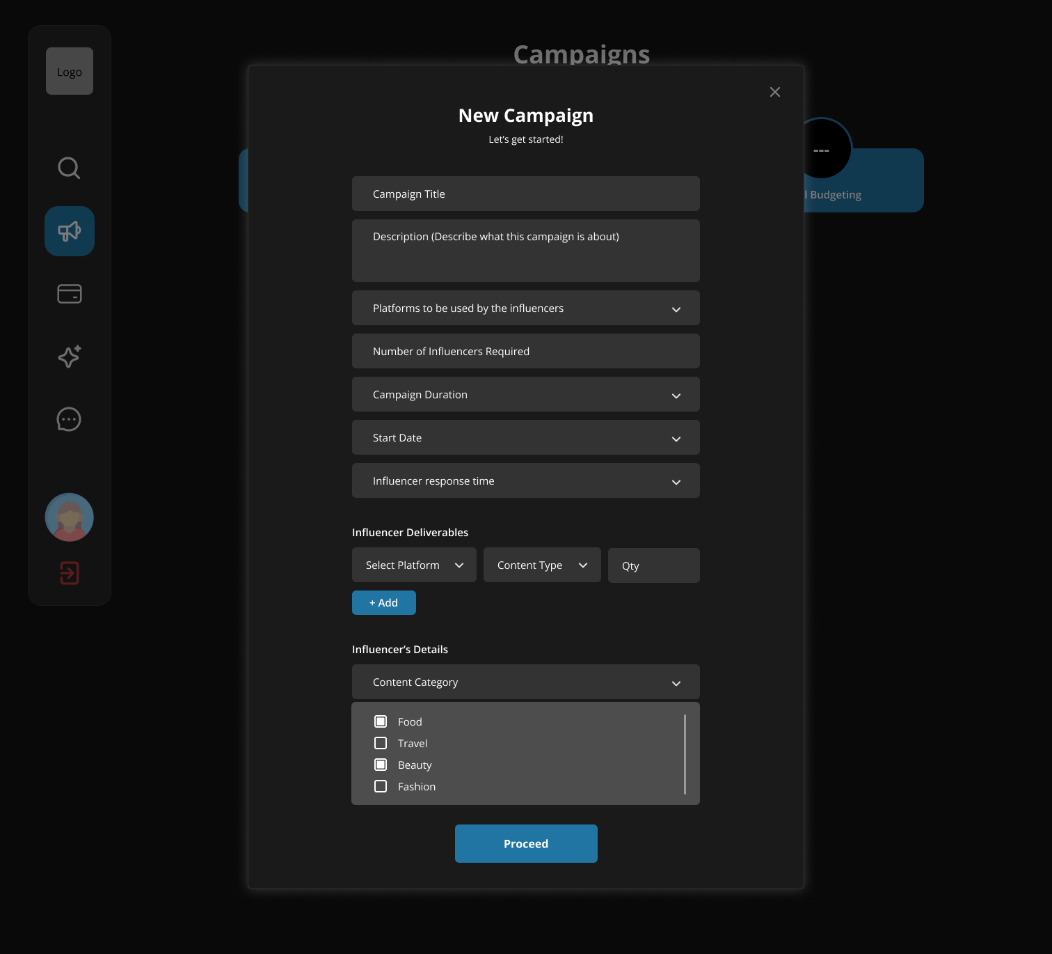 Multiselect platform dropdown for campaigns across Instagram, YouTube, and LinkedIn