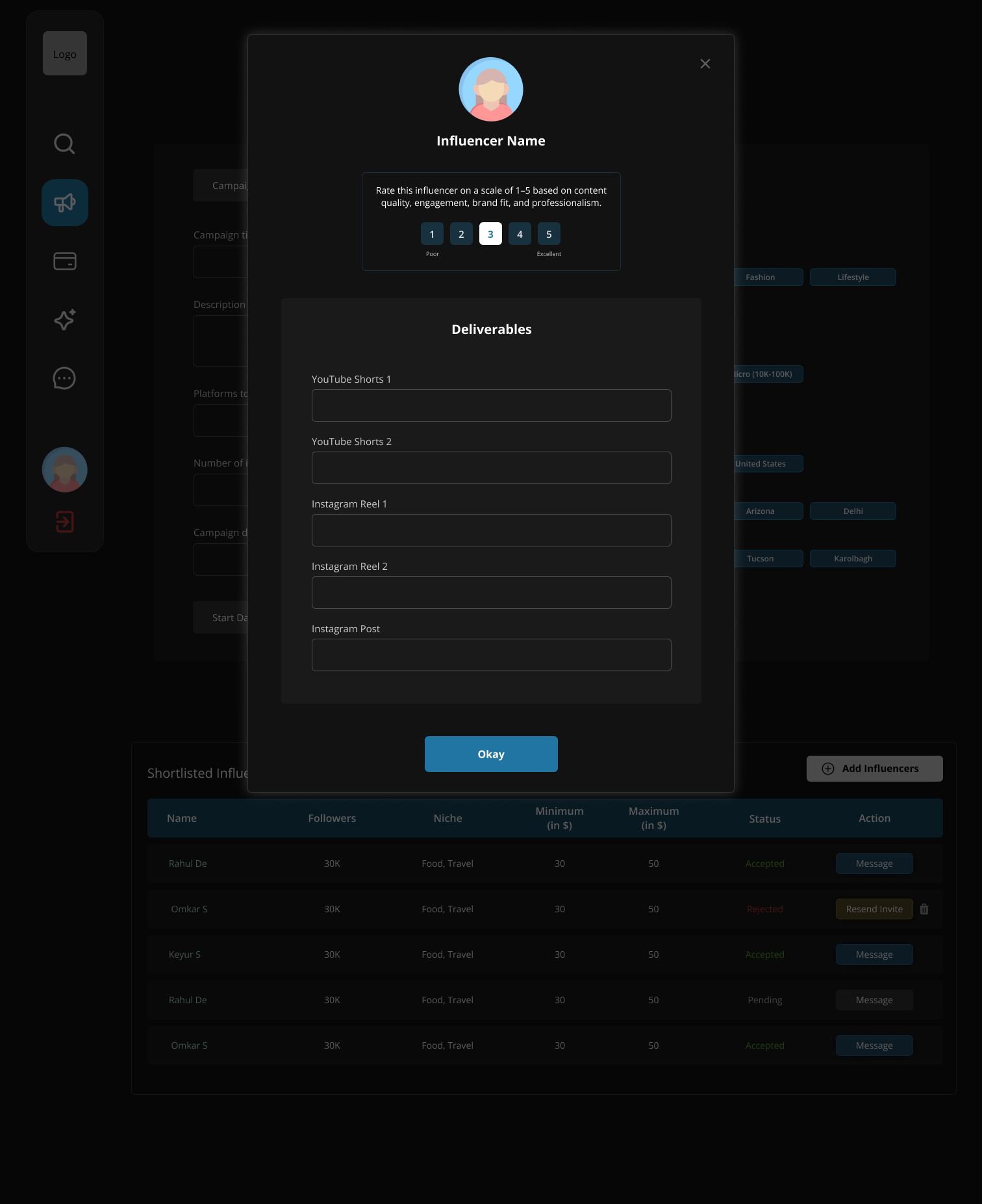 Influencer progress modal with 1-5 rating scale and per-deliverable checklist