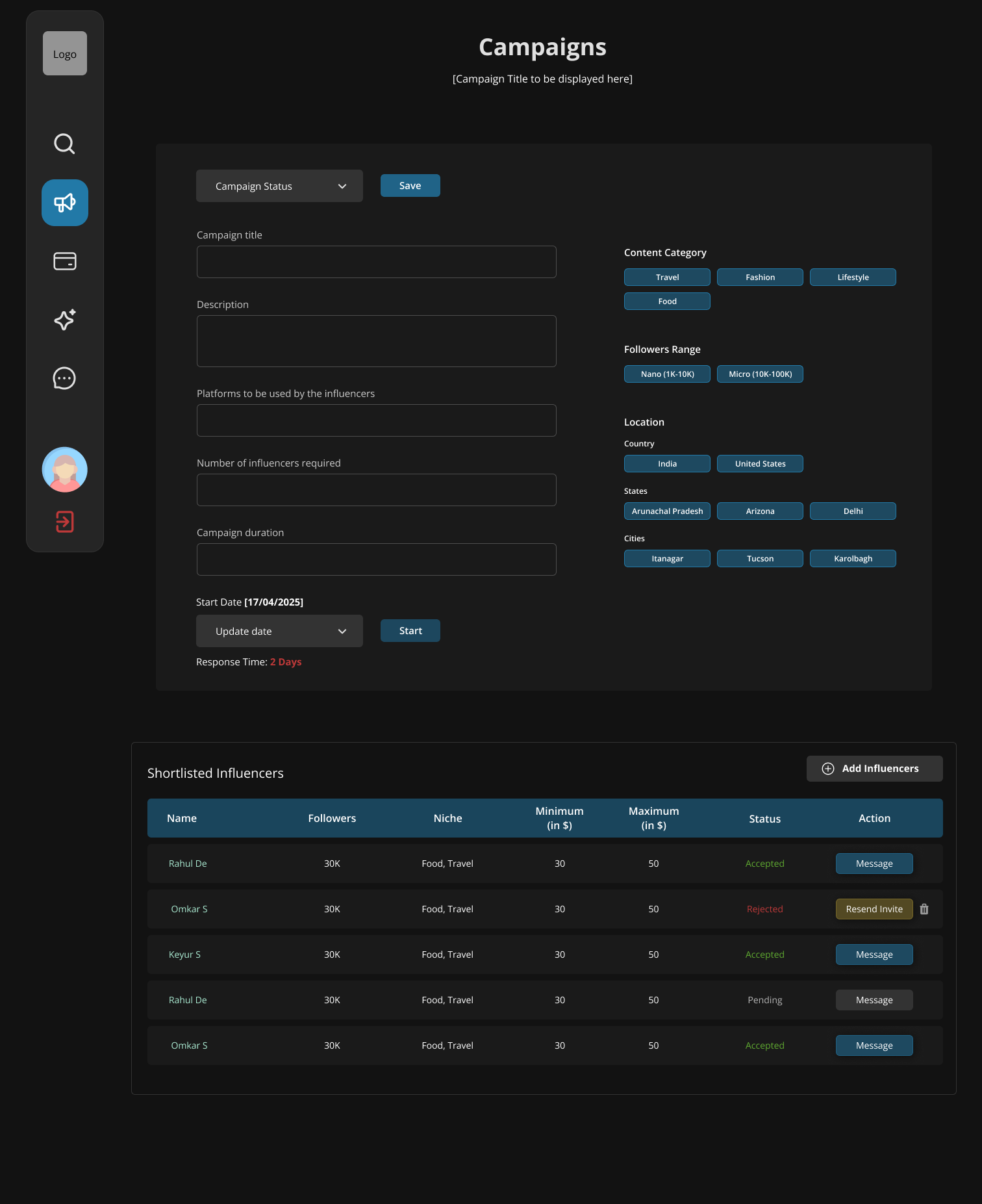 Rejection flow — status updates to Rejected with a Resend Invite recovery action