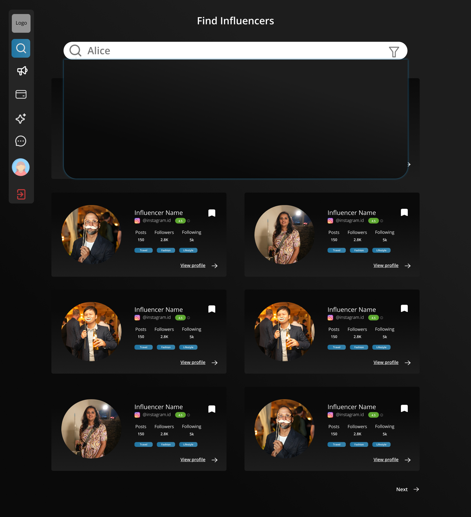 Filter panel — content category, follower range, location, and platform filters