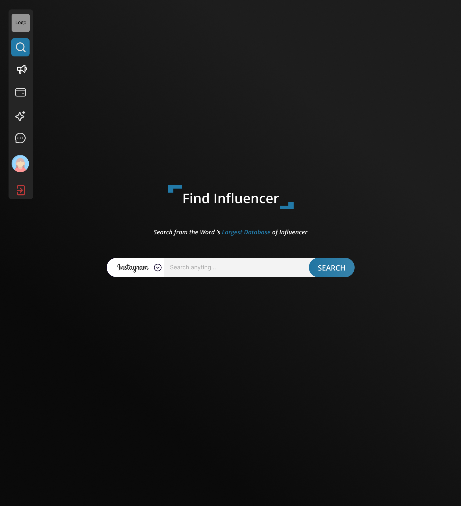 Find Influencers search landing with platform selector and search bar