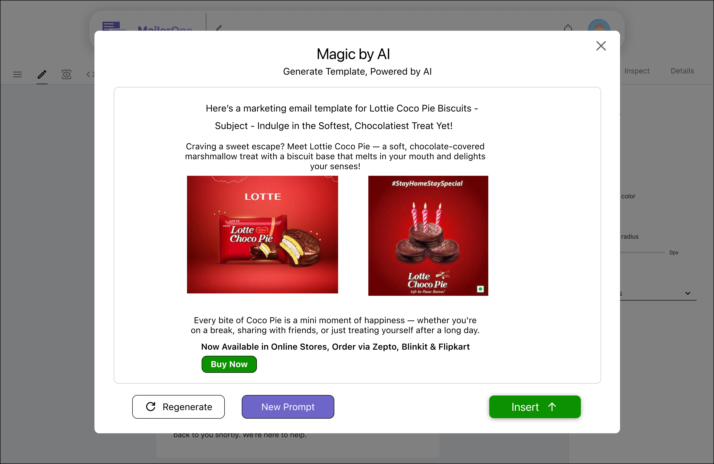 Magic by AI modal — a generated marketing email with Regenerate, New Prompt, and Insert actions