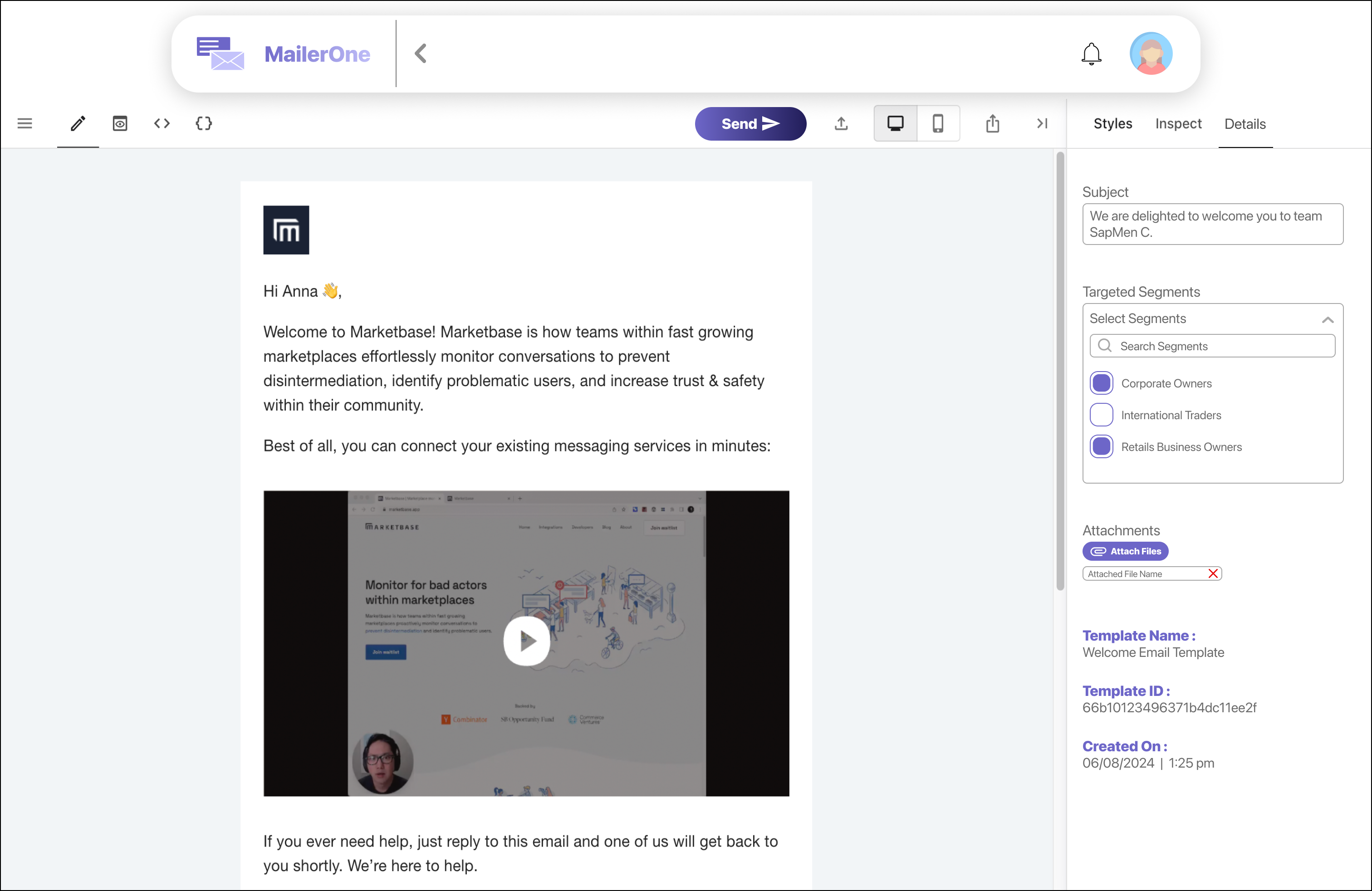 Email editor — toolbar with mode tabs and device preview, plus the Details panel for subject, segments, and attachments