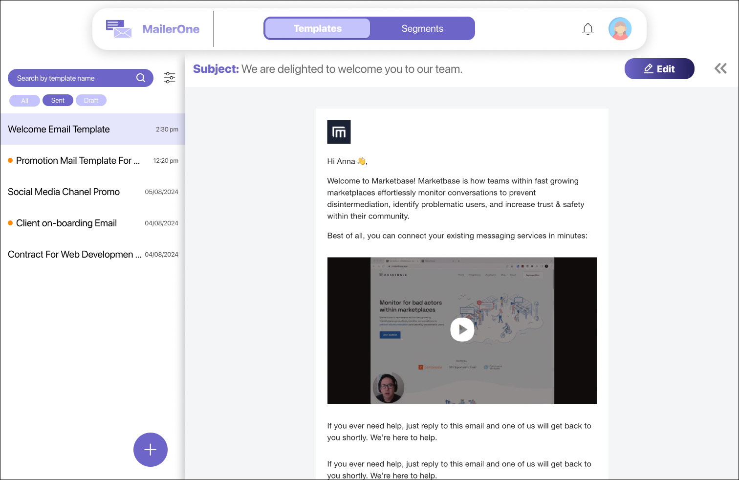 Templates list-detail layout — scrollable template list with status indicators and a full email preview