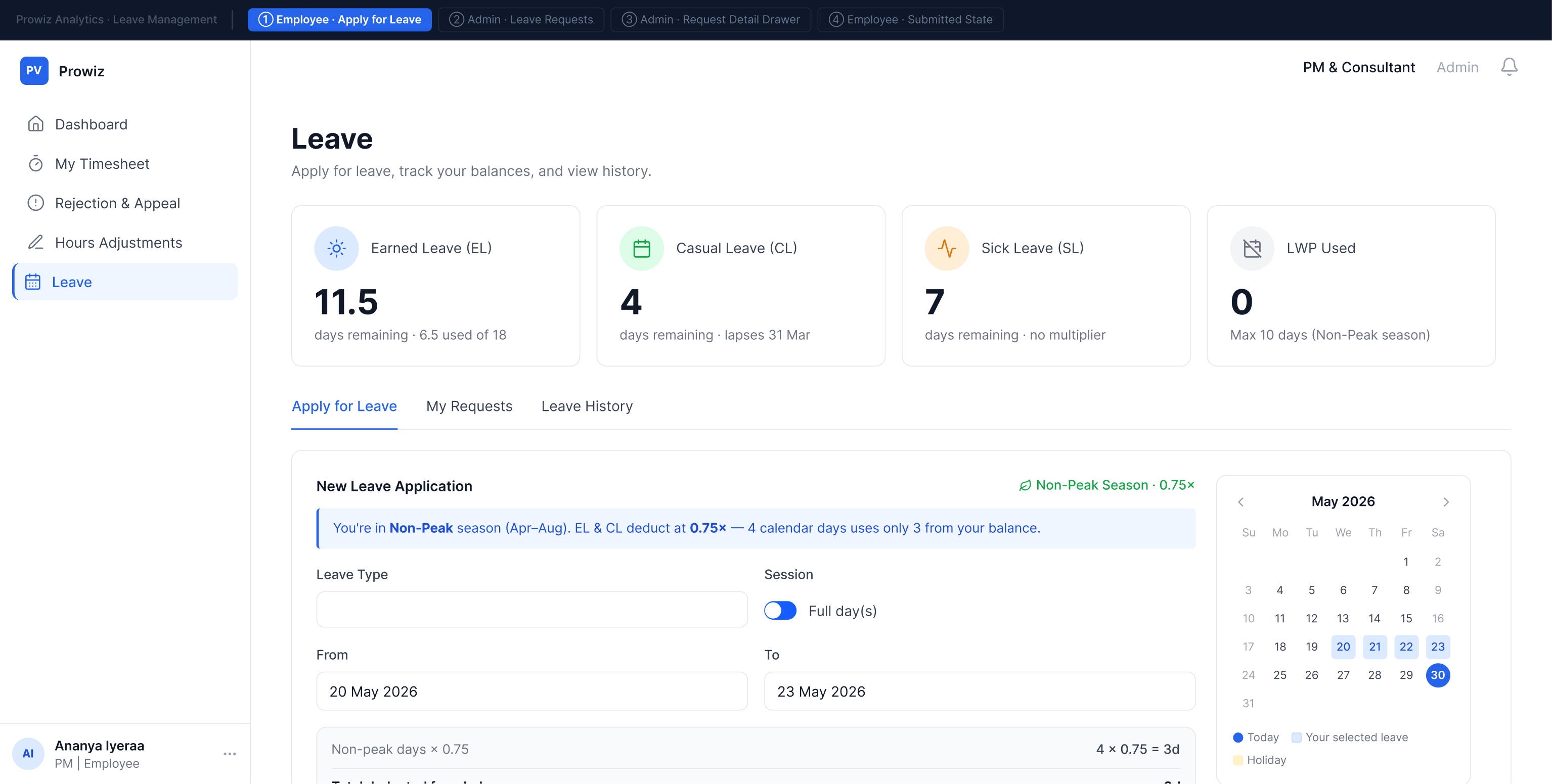 Employee portal — Apply for Leave with balance cards, season banner, and the live deduction calculator